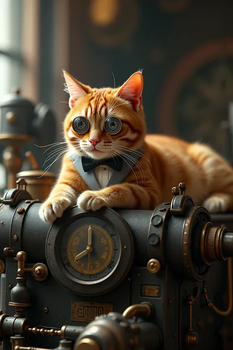 Create an orange cat with an elegant suit and watches in its eyes lying on a very large machine.