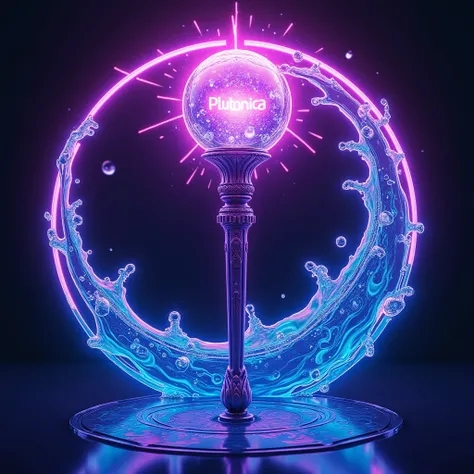 Image in the shape of a sticker  , a circle with the edge illuminated with neon violet  ,  inside a spiral of water and in the center of the design a magic scepter that has the name “plutonica” engraved on the ball .
 High resolution,  masterpiece, necessa...