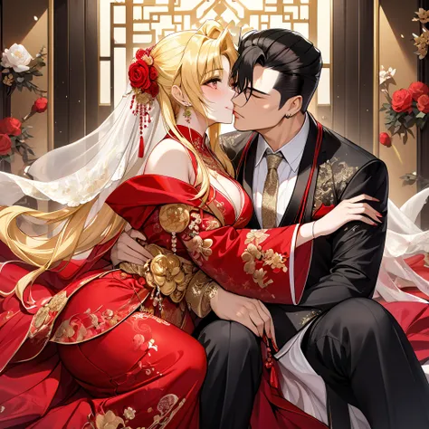 The woman who is the wife of the Chinese Mafia boss is a beautiful blonde, Fate Testarossa, wears a gorgeous red Hanfu bride costume with a vulgar, flashy luster, and is adorned with luxurious accessories such as rings, necklaces, waist chains, etc., and a...