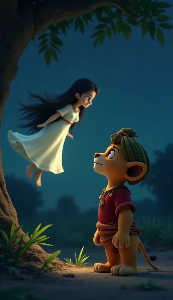 Sheroo was a little lion cub 3d pixar style Clothing-red t-shirt and Indian lungi mathe par pagdi Sheroo Expression: very Very scared Environment: dark night sky, and a quiet, peaceful atmosphere with gentle shadows. "On the mango tree, reveal a mysterious...