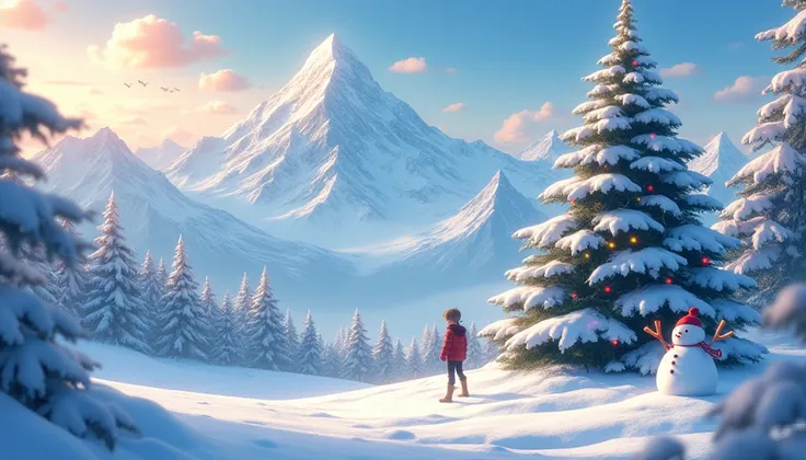 snow mountains，yukito，Christmas tree，The peaks are covered in snow，The golden sun shines on the mountains，Snowman nearby，There are also several Christmas trees next to it，Decorative lights are hung on it，depth of fields，k hd，A masterpiece