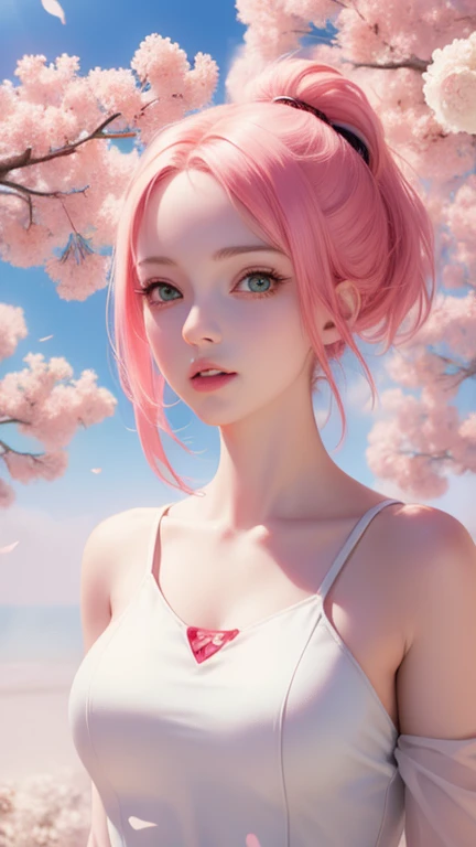 Anime girl with pink hair and green eyes posing for a photo, Sakura Haruno,  best anime 4k konachan wallpaper,  Seductive Anime Girl  , , Cherry blossom petals surround her , anime lolita style anime style 4k,,  detailed anime art, 