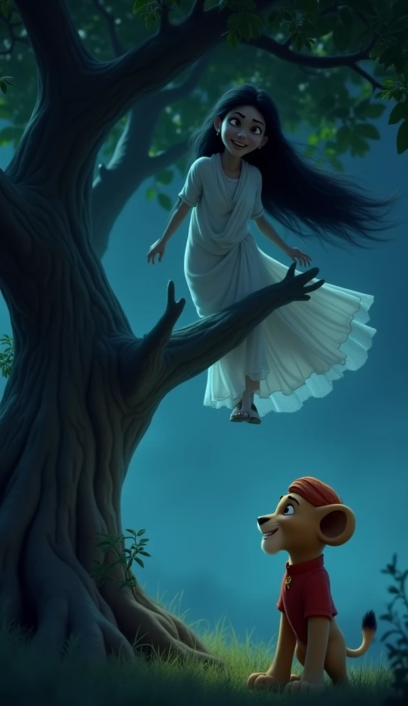 Sheroo was a little lion cub 3d pixar style Clothing-red t-shirt and Indian lungi mathe par pagdi Sheroo Expression: very Very scared Environment: dark night sky, and a quiet, peaceful atmosphere with gentle shadows. "On the mango tree, reveal a mysterious...