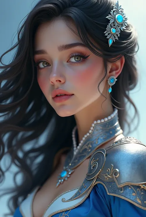  close-up of a woman in a silver and blue dress,  Shoulder detail armor , Jan J,  detailed fantasy art ,  breathtaking character art ,  fanart best artstation ,   Spectacular Exquisite Character Art  , Beautiful Armor,   very detailed artgerm ,  detailed d...