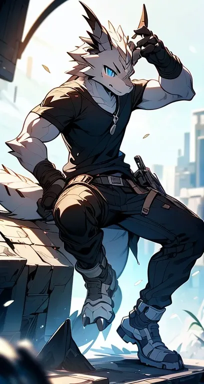 Masterpiece, Cool Pose, Furry Gray Dragon, Medium Strong Body, Blue Eyes, Grey Medium Hair, Combat Black Shirt, Combat Gloves, Combat Pants, Fierce, Good looking 