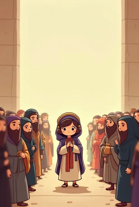  Make me a chibi with a figure dressed in ancient Jewish clothing standing in the middle, and 12 people standing in front of me . Horizontal rectangular back ground design