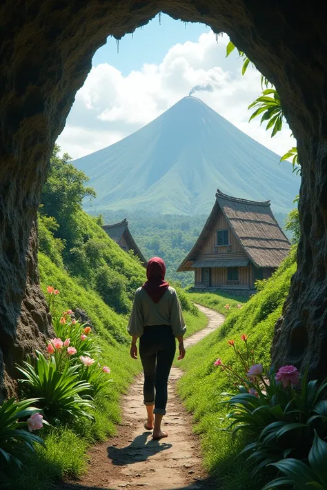 "Create a stunning and realistic depiction of a traditional Indonesian village. Include lush green hills with winding paved roads leading through them. Add traditional wooden houses with thatched roofs surrounded by colorful flowers and tropical plants. In...