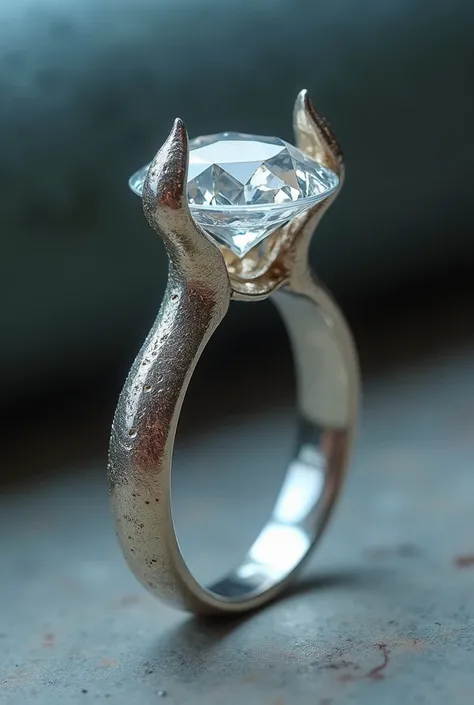 A diamond ring，The inlaid diamond is held up by a cats claw