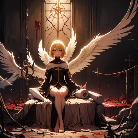 Femboy, angel, beige hair, angel wings, mean, sadist, psycho, blood, light, crosses, broken crosses, regular crosses, nails, thorns, religious imagery, Catholic imagery, repentance, penitence, suffering, pain, {HD}, sitting cross legged, gold bloodied staf...