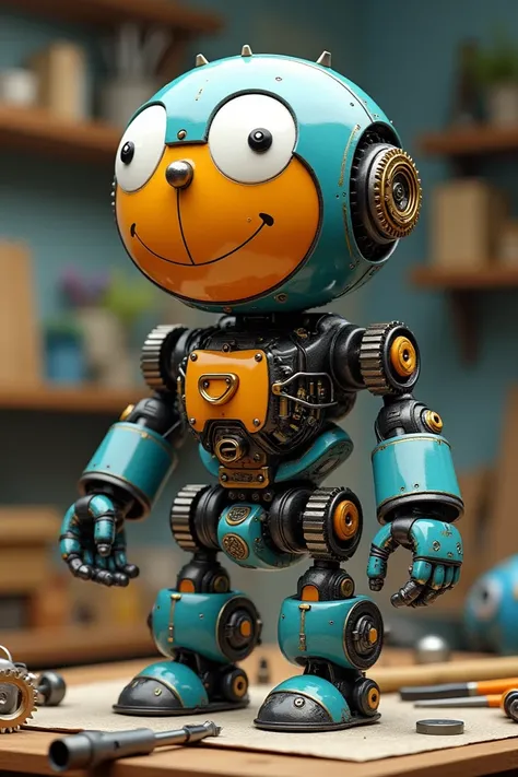  A hyperrealistic representation of a robot similar to Doraemon ,  showing intricate details and mechanical components,  in a creative workspace with tools and materials scattered around, emphasizing the creation process .  The robot should have a friendly...