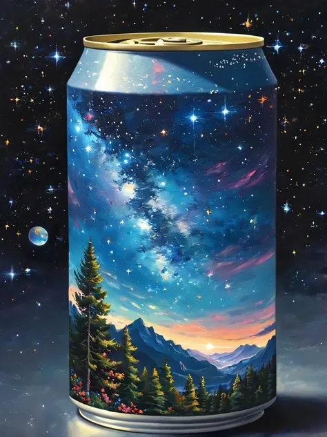  1 pzsj1 , masterpiece， Top quality ，( Very exquisite beautiful starscape trapped in a can), 世界masterpiece劇場,  High resolution isometric ,  Top quality , illustration, Thick coating , Canvas ,  painting , realism, realism