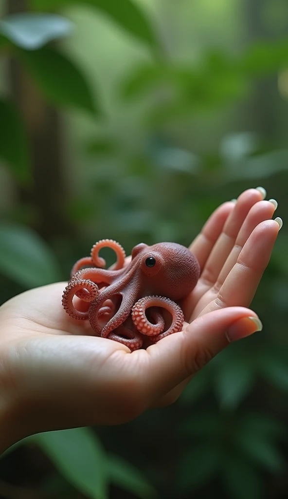 There is a small baby Giant Pacific Octopus sitting in a woman 5 finger, a tiny baby Giant Pacific Octopus, a tiny animal, sitting on a finger, cute and cute, cute and cute, cute kitty, cute baby Giant Pacific Octopus, the photos are very realistic, Very s...