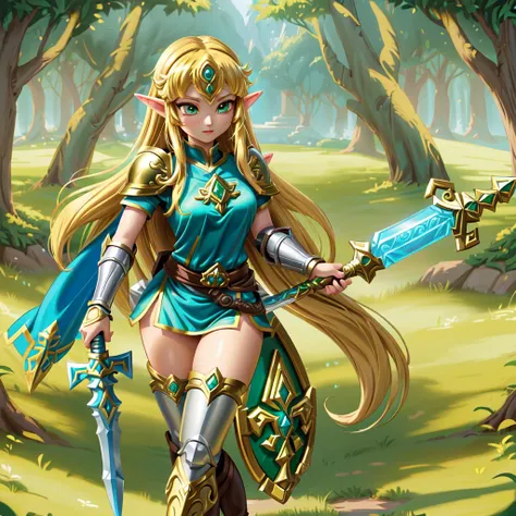 Anime - style illustration of a female warrior with a spear and shield, Elf Princess knight,  Saint Seiya girl , Elf Princess, Zelda, alluring Elf Princess knight, Elf Girl, Colored line art, princess Zelda,  Blonde Emerald Warrior Holding a Dildo , Zelda ...