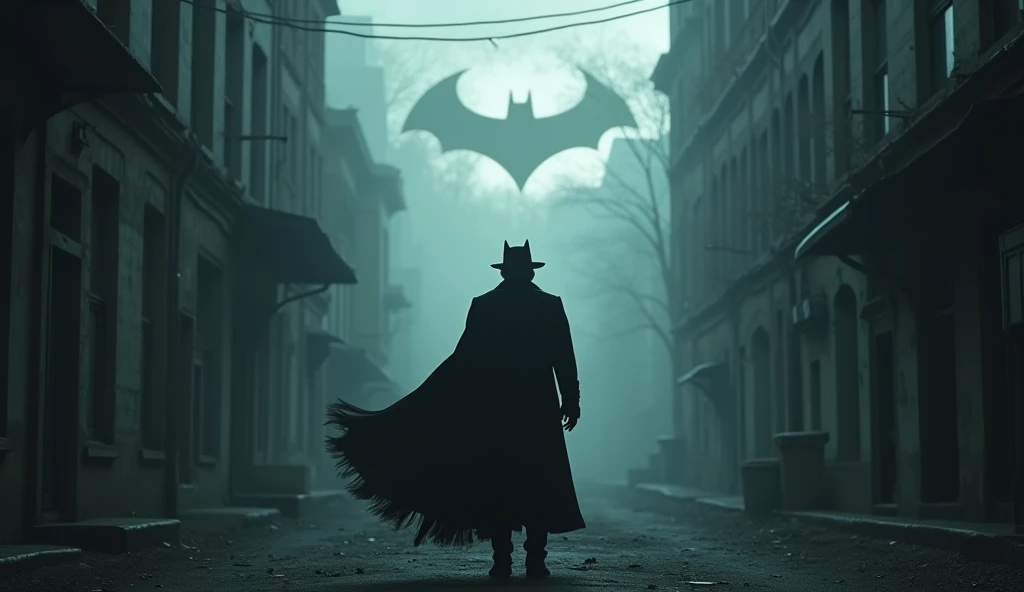 A dark, shadowy figure standing alone in the middle of a foggy, abandoned street, his silhouette resembling a vigilante from the 19th century, with dark coat billowing in the wind, a faint reflection of a bat-shaped symbol on the street from a broken windo...