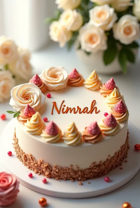 beautifull white roses and vanilla & chocolate happy birthday cake with small twisted colorful candels and write a name "Nimrah" on the cake