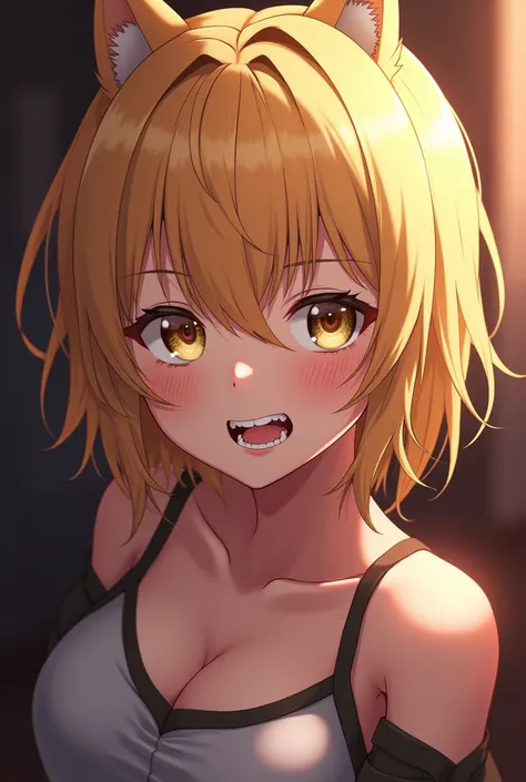 Chica anime,  Yellow Eyes ,  sharp teeth ,  slightly messy blonde hair that reaches her shoulders, hentai