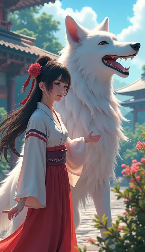 a beautiful anime miko (shrine maiden) with the dog god, fantasy landscape, highly detailed, photorealistic, 8k, 3D render, cinematic lighting, intricate details, dramatic atmosphere, vibrant colors, beautiful facial features, piercing eyes, elegant pose, ...