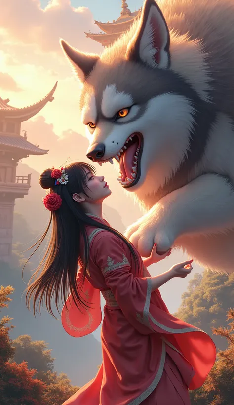 a beautiful anime miko (shrine maiden) with the dog god, fantasy landscape, highly detailed, photorealistic, 8k, 3D render, cinematic lighting, intricate details, dramatic atmosphere, vibrant colors, beautiful facial features, piercing eyes, elegant pose, ...