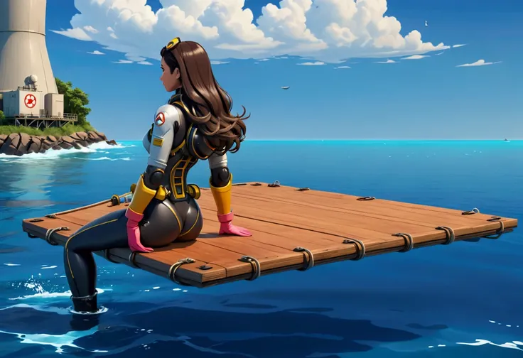 A woman in a  diving suit sits on a wooden raft with a nuclear power plant on a small island in the distance， Woman facing the camera with her back，Show the back of a woman ， woman looking at a power tower in the distance ，3D Rendering，8k, 3D cartoon style...