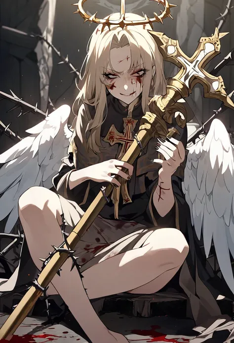 Femboy, angel, beige hair, angel wings, mean, sadist, psycho, blood, light, crosses, broken crosses, regular crosses, nails, thorns, religious imagery, Catholic imagery, repentance, penitence, suffering, pain, {HD}, sitting cross legged, gold bloodied staf...