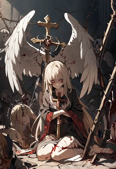 Femboy, angel, beige hair, angel wings, mean, sadist, psycho, blood, light, crosses, broken crosses, regular crosses, nails, thorns, religious imagery, Catholic imagery, repentance, penitence, suffering, pain, {HD}, sitting cross legged, gold bloodied staf...