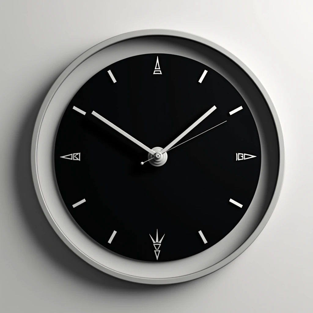 Black wall clock, white alian language hour number, absolute circle.