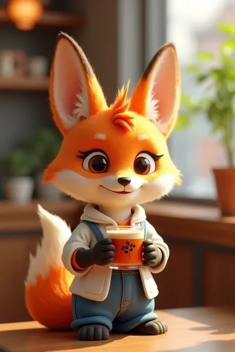 A 3D animation cute orange fox in a casual outfit with a humanoid body and a dwarf figure, wearing White shirt clothes and blue jeans. He is holding his Thai tea cup and sitting in the coffee shop, . A warm and cozy light gets through the window.
