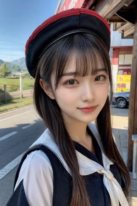 アイドルのような日本人のwoman ,Long Hair ,  straight hair , Round face , bust up ,  sailor suit ,  as in the picture  ,  masterpiece 」 ,  best quality , woman , Mountain High Hat , bangs , smile , Outdoor,  super short hair ,  side locks - hair ,  cute face, Brown Eye...