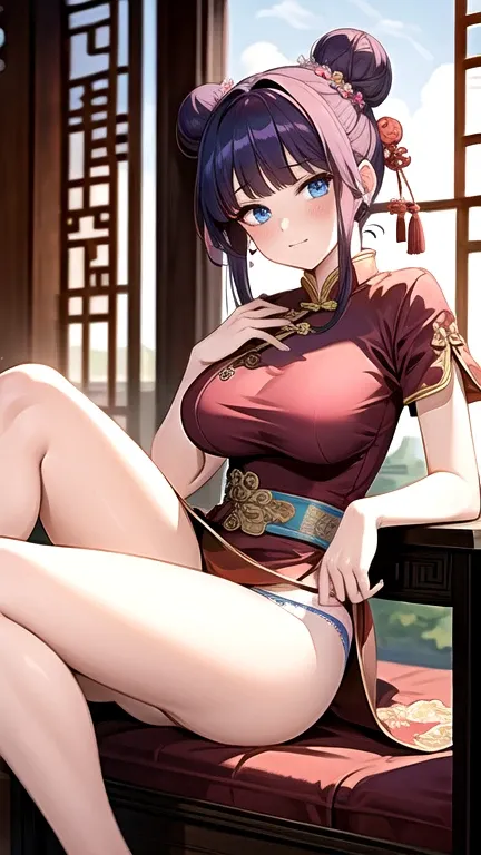 masterpiece, best quality, 1 girl, solo, large breasts, pink chinesedress, blue eyes, blunt bangs, brond hair, double hair buns, flustered, (show off panties:1.2), sitting, spread legs, (Beijing:1.2)