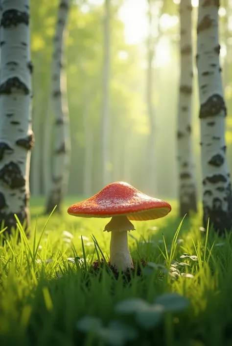 The mushroom stands on the grass in the birch forest