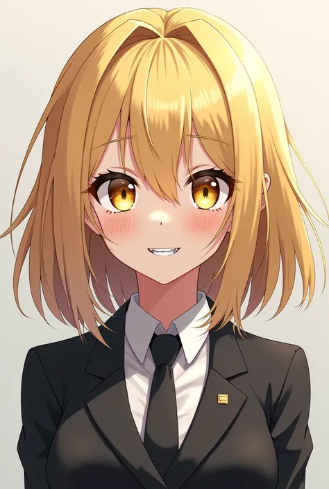 Chica anime,  Yellow Eyes ,  sharp teeth ,  slightly messy blonde hair that reaches her shoulders, dressed formally and with a small smile