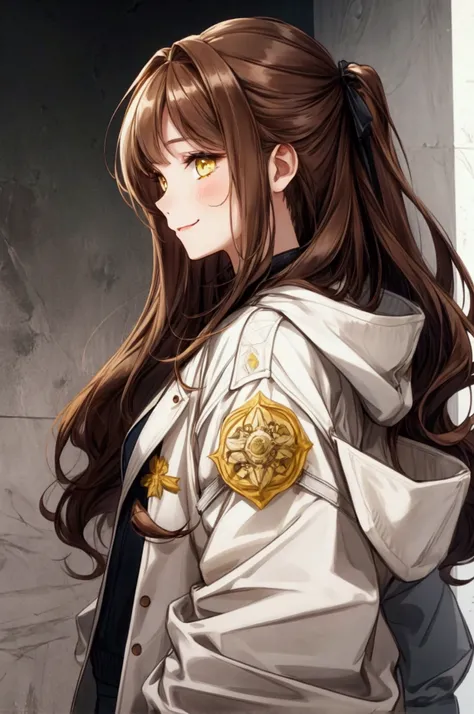 I girl, wink, smile beautifully, yellow eyes and long straight brown hair, wearing a white jacket, side view