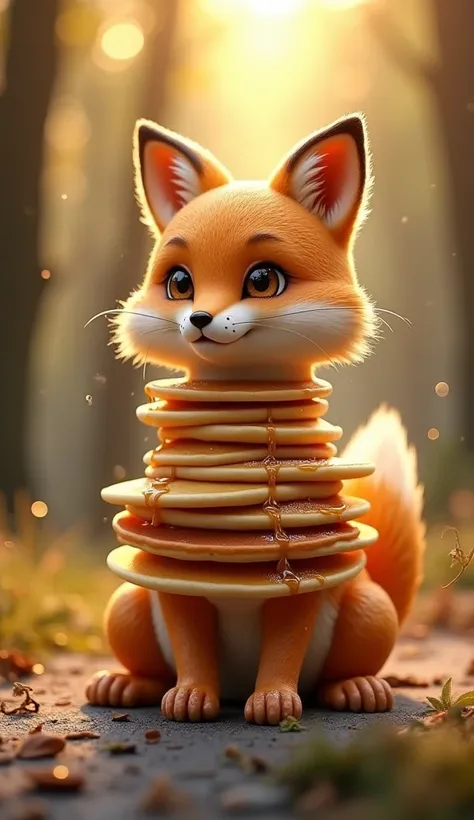 
"Create a hyper-realistic 8k resolution image of a hybrid animal that combines a fox with pancakes, where the body is made entirely of stacked, fluffy pancakes. The fox’s face should have its characteristic features, with a pointed nose, bright, expressiv...