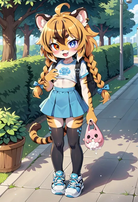 masterpiece, high resolution, best quality, (furry tiger girl, baby body, baby height, flat chest, animal face, animal skin, animal fur, tiger ears, tiger tail), heterochromia, multicolored hair, twin braids, piercing, makeup, tattoo, cap, top, stockings, ...