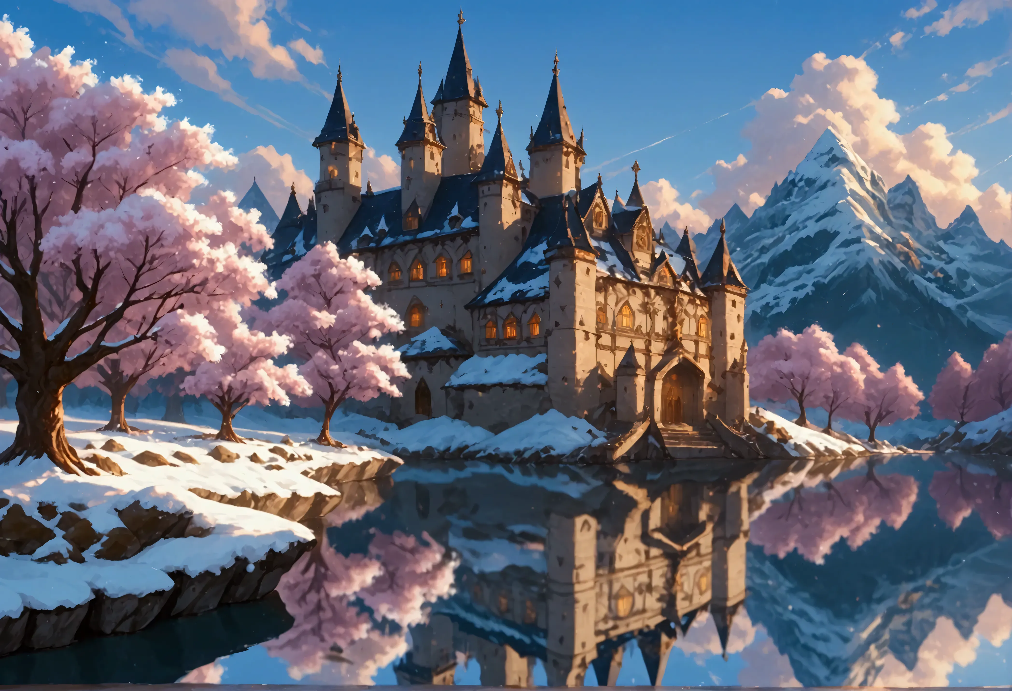 a water reflection scenic art of a medieval town with a castle, temple, towers,  sitting on the bank of a lake, behind it there isa snowy mountain, along the bank there are blossoming cherry trees, it is dawn and the sun is rising