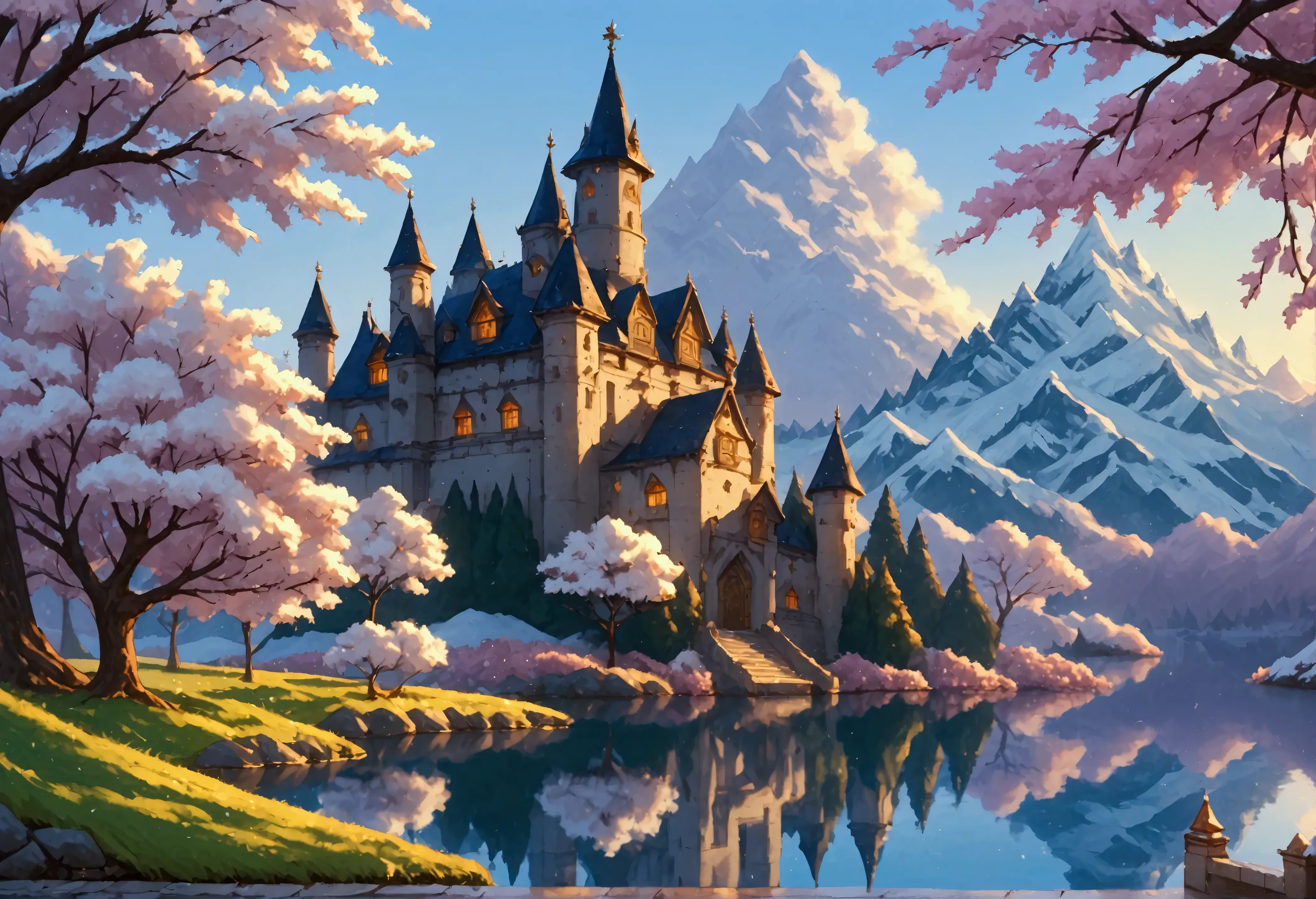 a water reflection scenic art of a medieval town with a castle, temple, towers,  sitting on the bank of a lake, behind it there isa snowy mountain, along the bank there are blossoming cherry trees, it is dawn and the sun is rising