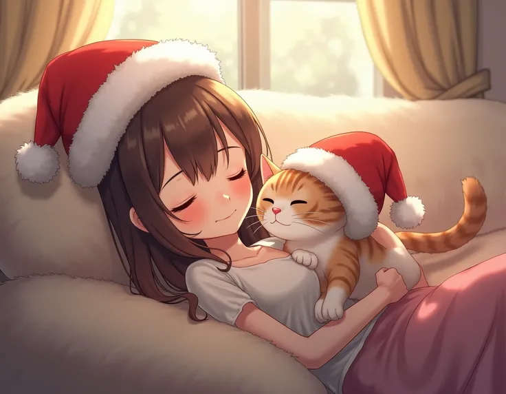  A girl is lying on a comfortable couch with a cat on her chest.  The two of them are very relaxed and are wearing on their heads  (((a Santa Claus hat )))