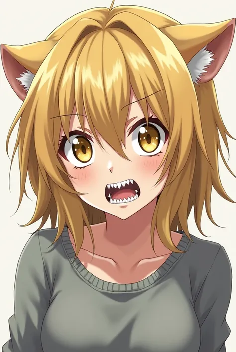 Chica anime,  Yellow Eyes ,  sharp teeth ,  slightly messy blonde hair that reaches her shoulders, dressed in a gray sweater and without cat ears 