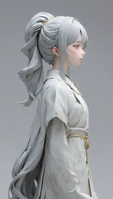 (  best quality:1.2),ultra-light clay, woman, womanの身体, slender、 Artistic Expression 、Long Hair、clay、Pottery、  thin waist、Rei Ayanami、 ponytail、myth, mineral pigments, 3D clay sculpture art, clay sculpture, Rough surface, (slope,slope background,  gray bac...