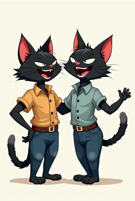 Two black twin cartoon cats wearing nice denim pants and nice shirts are smiling mockingly with their mouths open one cats right hand is outstretched in front of him