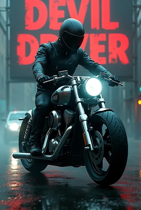 biker on a motorcycle in chrome on the background of the poster "DEVIL DRIVER"  Cyberpunk