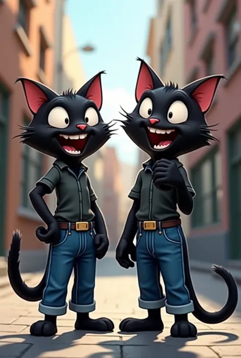 Two black twin cartoon cats wearing nice denim pants and nice shirts are smiling mockingly with their mouths open one cats right hand is outstretched in front of him. A cats behind a street 
