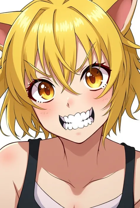 Chica anime,  Yellow Eyes ,  sharp teeth , somewhat messy and short blond hair  