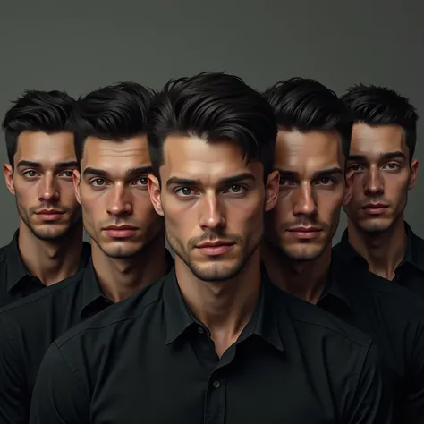 5 handsome German men, black short hair, focus on face.