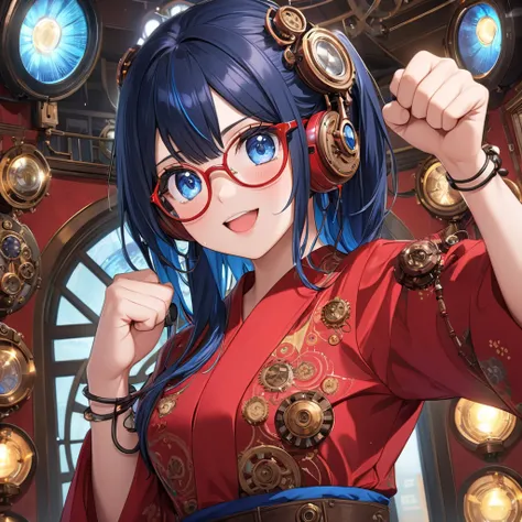 (best masterpiece, high resolution:1.5), (8K, RAW photo, perfect anatomy, golden ratio:1.4), pointillism, professional photo, Japanese idol, (realistic:0.5), (fist pump,
Expression of hope: 1.5), (red yukata, red glasses, steampunk earphones: 1.5), (colorf...