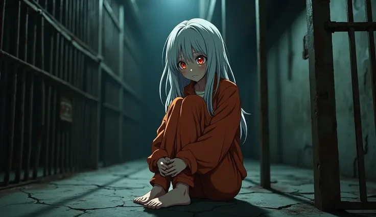 (masterpiece, best quality:1.2),
(8K, ultra-detailed, hyper-detailed, RAW photo quality, Unreal Engine rendering:1.3),
(dimly lit prison cell with rusty metal bars and a cracked concrete floor visible in the background:1.5),
(anime-style female prisoner wi...