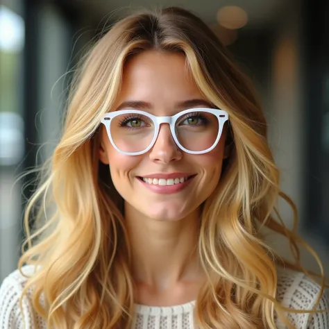 (best quality,Altas, ,Realistic:1.2),portrait,TV presenter,30-year-old (yellow hair :1.1) woman with long hair, round face,  charming smile , (eyes castanhos:1.1) eye, Wearing the white glasses , looking at the camera.