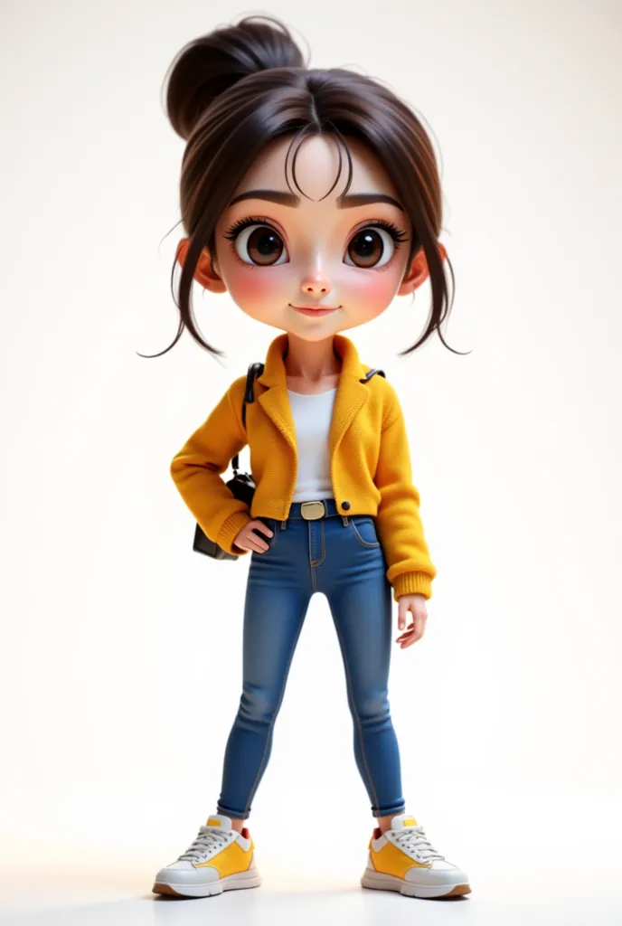 a cute cartoon character in professional outfit, standing full body shot, highly detailed, 4K, 8k, photorealistic, masterpiece, vibrant colors, dynamic lighting, soft ambient lighting, clean professional look, stylized, dynamic pose, confident expression, detailed facial features, big expressive eyes, detailed hair, sharp focus, seamless blending, studio quality background all white boys casual wear sneakers chunky