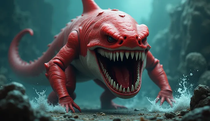 Shark Monster。She has a red body and 、 has a big mouth and sharp teeth 。 has an aggressive and slightly humorous expression。