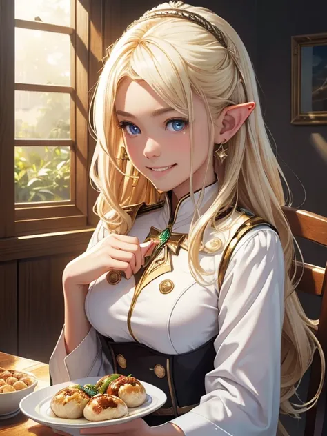 masterpiece,  best quality, High resolution CG unity 8K wallpaper can be lifted,(( upper body portrait)), (とてもcute１６Age Girl  ), (Takoyaki,  eats), (  long pointed ears  ),  elegant long wave platinum blonde hair , (( average chest size , Self-illuminating...